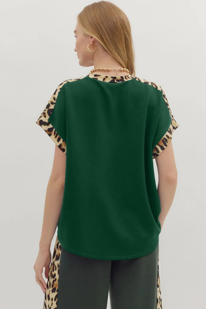 Sea Green Leopard Trim Round Neck Loose T Shirt