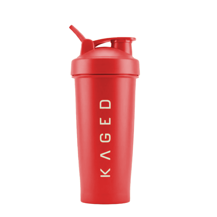 Front view of 28oz crimson KAGED shaker bottle with flip lid and built-in spout, KAGED logo visible on white background