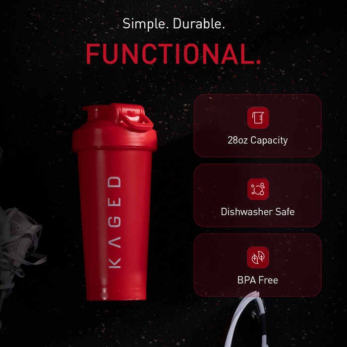 Promotional graphic showing crimson KAGED shaker bottle with headline FUNCTIONAL and features 28oz capacity, dishwasher safe, BPA free