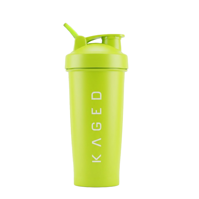 Front view of Volt 28oz shaker bottle showing flip-top spout, screw-on lid, and vertical KAGED logo on white background