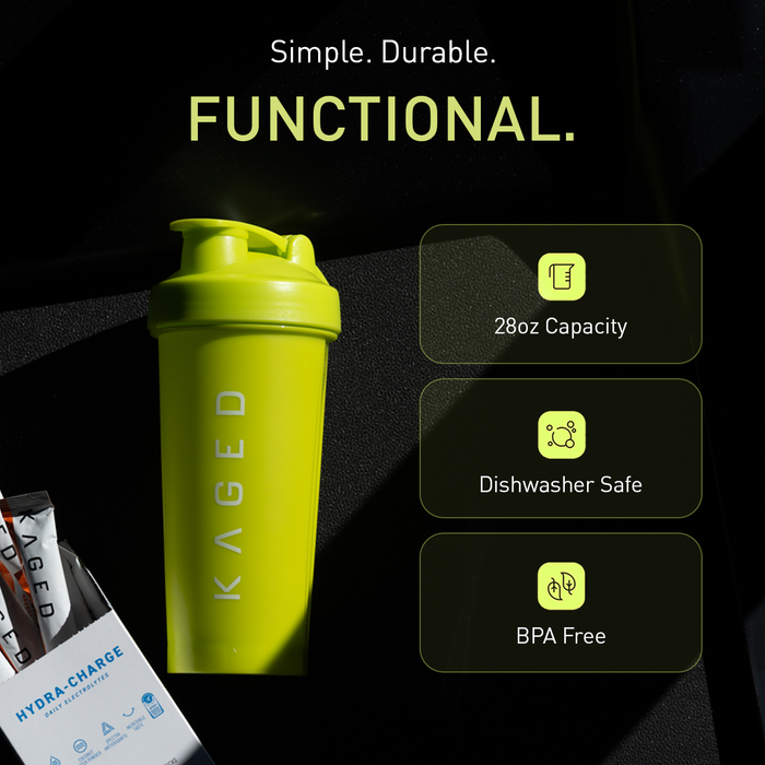 Promotional image showing Volt 28oz shaker bottle with headline 'Simple. Durable. FUNCTIONAL' and feature callouts: 28oz Capacity, Dishwasher Safe, BPA Free