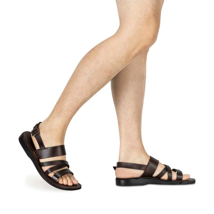 Model wearing Silas brown, handmade leather sandals with back strap