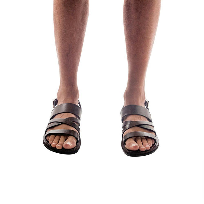 Model wearing Silas brown, handmade leather sandals with back strap