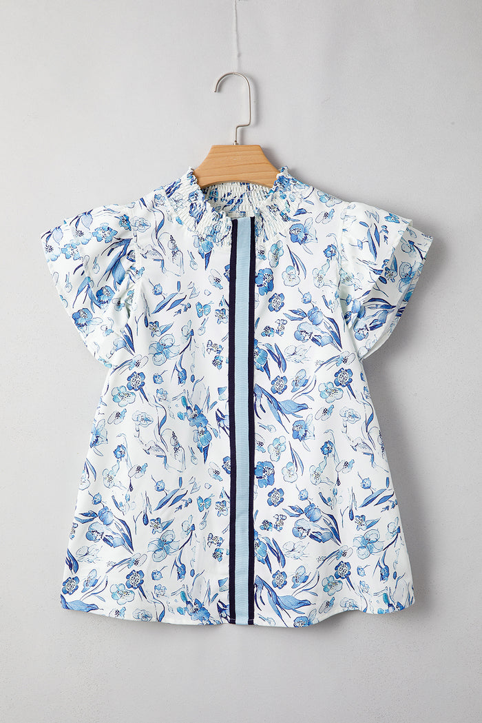 Sky Blue Floral Print Ruffled Short Sleeve Blouse