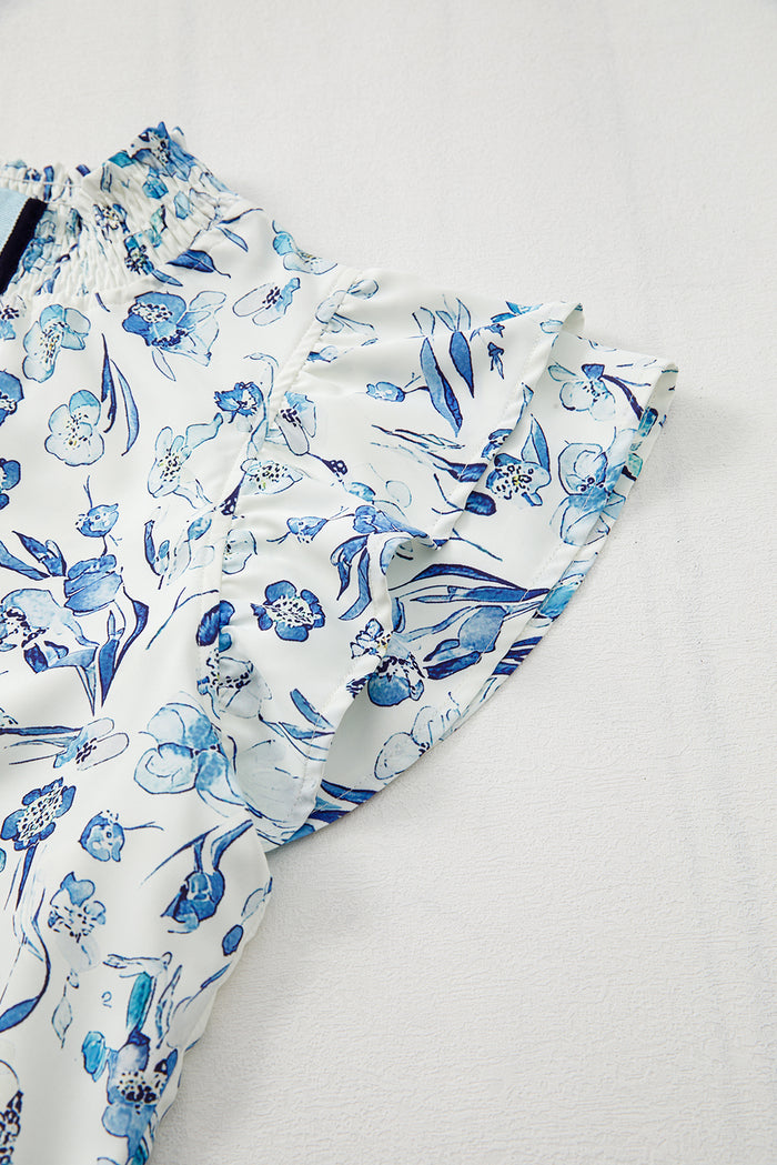 Sky Blue Floral Print Ruffled Short Sleeve Blouse