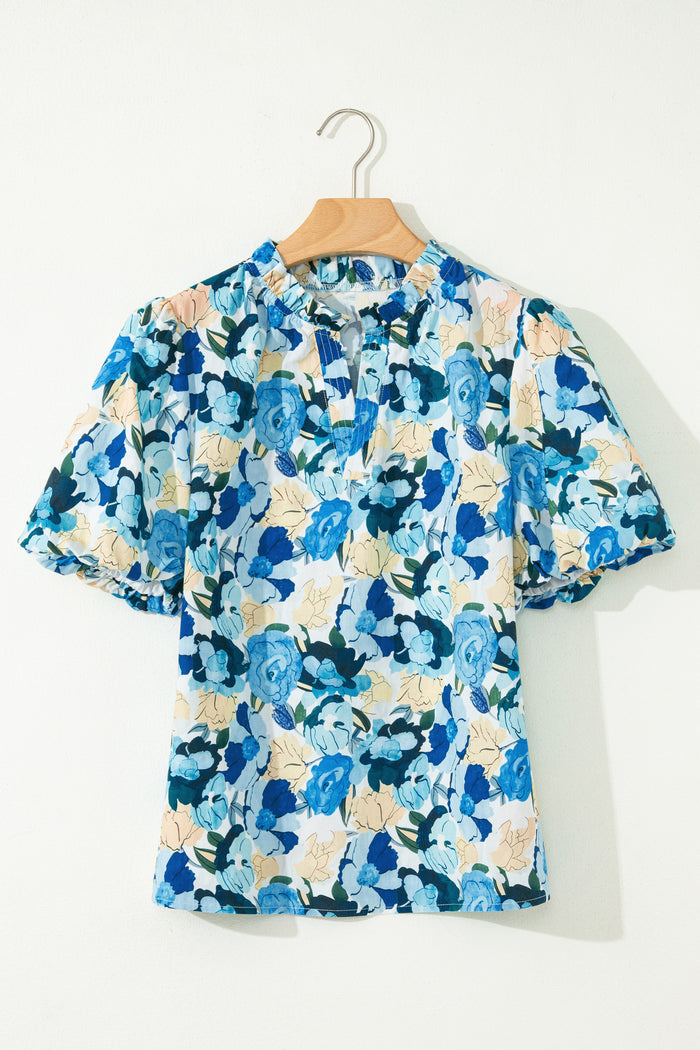 Sky Blue Floral Print Short Puff Sleeve V Neck Blouse