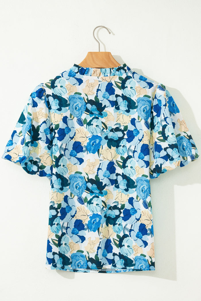 Sky Blue Floral Print Short Puff Sleeve V Neck Blouse