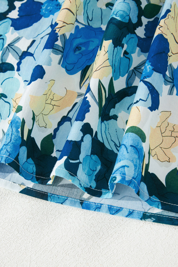 Sky Blue Floral Print Short Puff Sleeve V Neck Blouse
