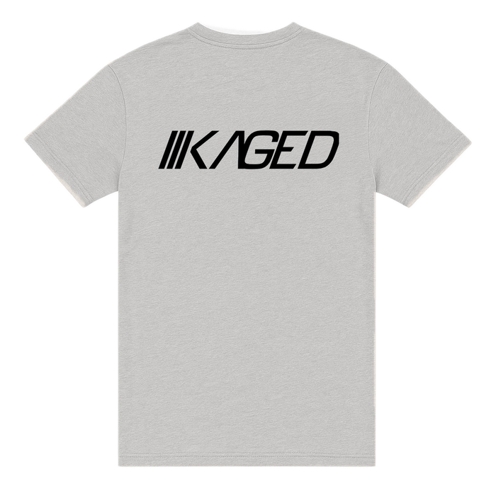 Back view of Slant Tee showcasing black KAGED logo on light gray t-shirt with transparent background #color_gray