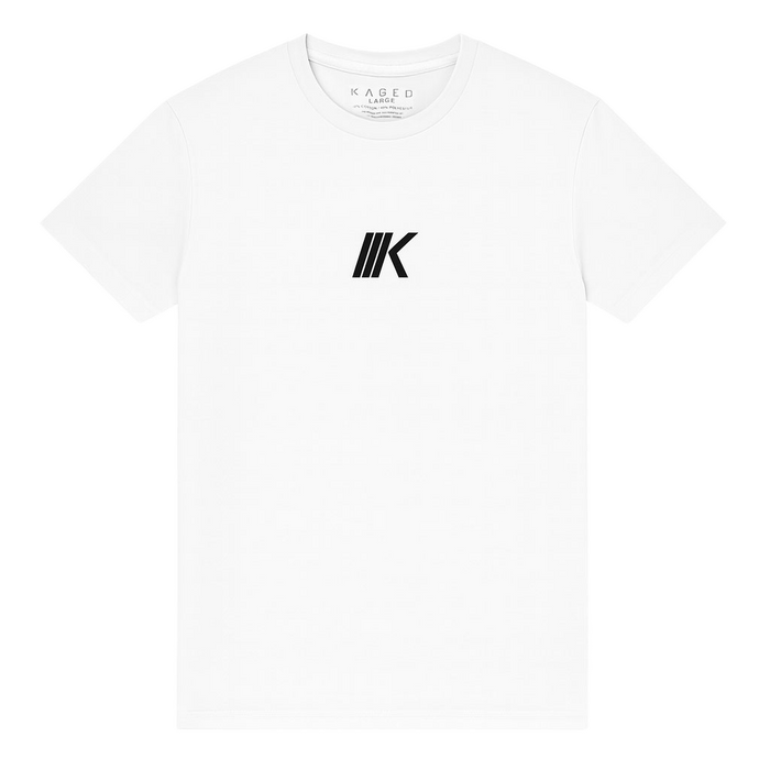 Front view of Slant Tee white short-sleeve shirt showcasing black slant K logo centered on chest with transparent background #color_white