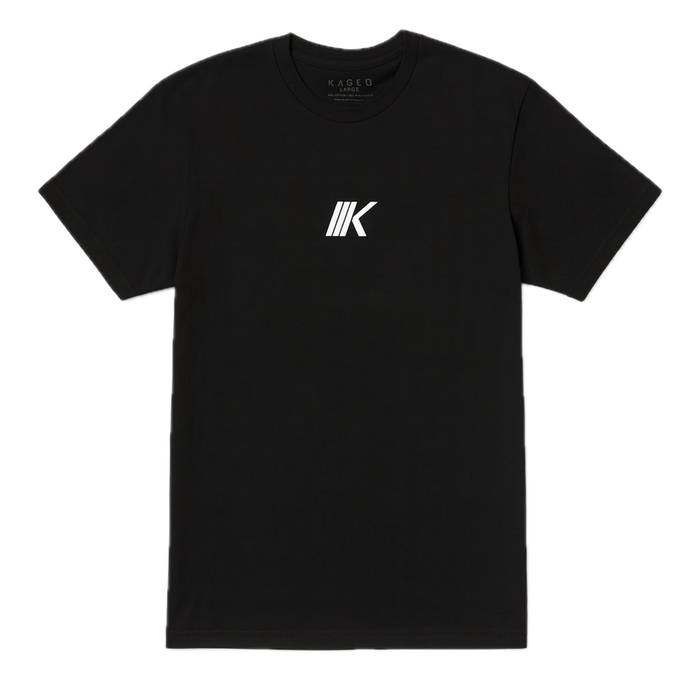 Front view of Slant Tee showcasing centered white slanted K logo on black shirt with transparent background #color_black