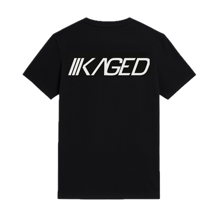 Back view of Slant Tee showcasing large white KAGED logo across the upper back on a transparent background #color_black