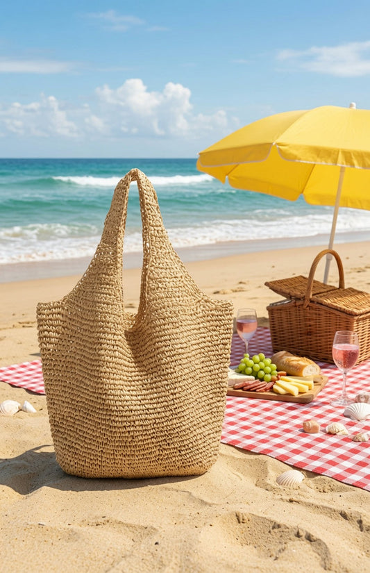 Large slouchy raffia tote bag by Grace Beauty, straw beach handbag with spacious design and woven texture.