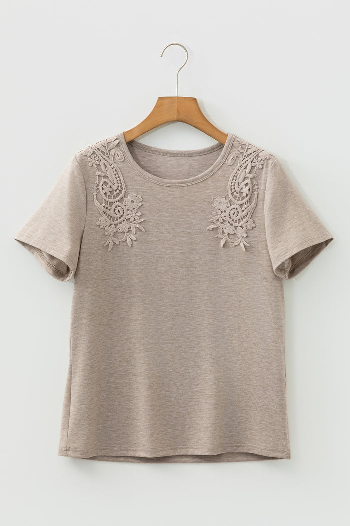 Smoke Gray Solid Color Lace Patched Detail Round Neck Tee