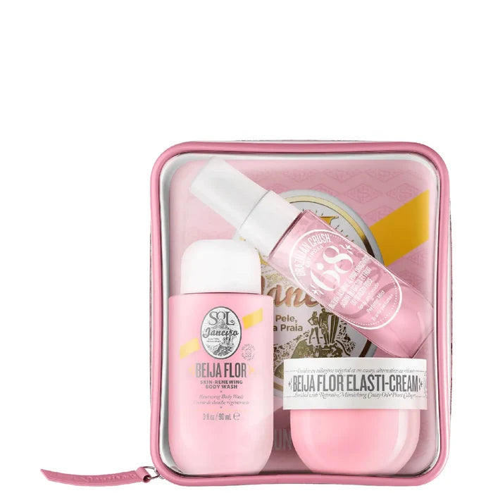 Sol de Janeiro Beija Flor Jet Set bath and body products with colorful packaging, including lotion and body cream.