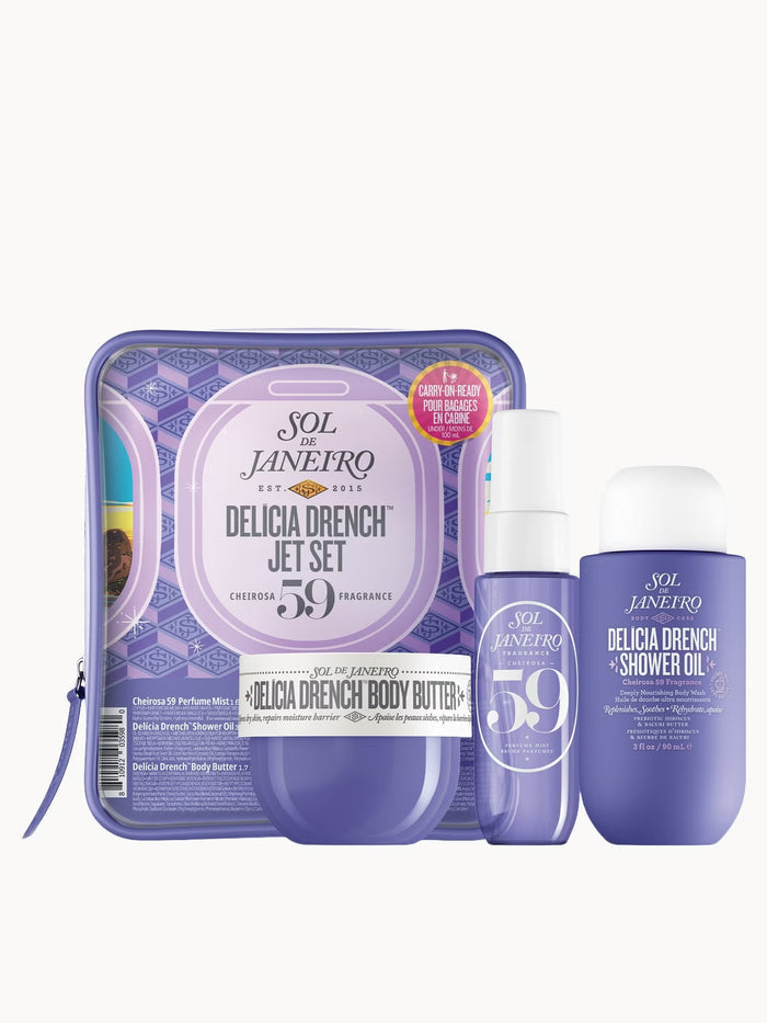 Sol de Janeiro Delícia Drench Jet Set bath and body products in a travel set, featuring hydrating creams and body lotions.