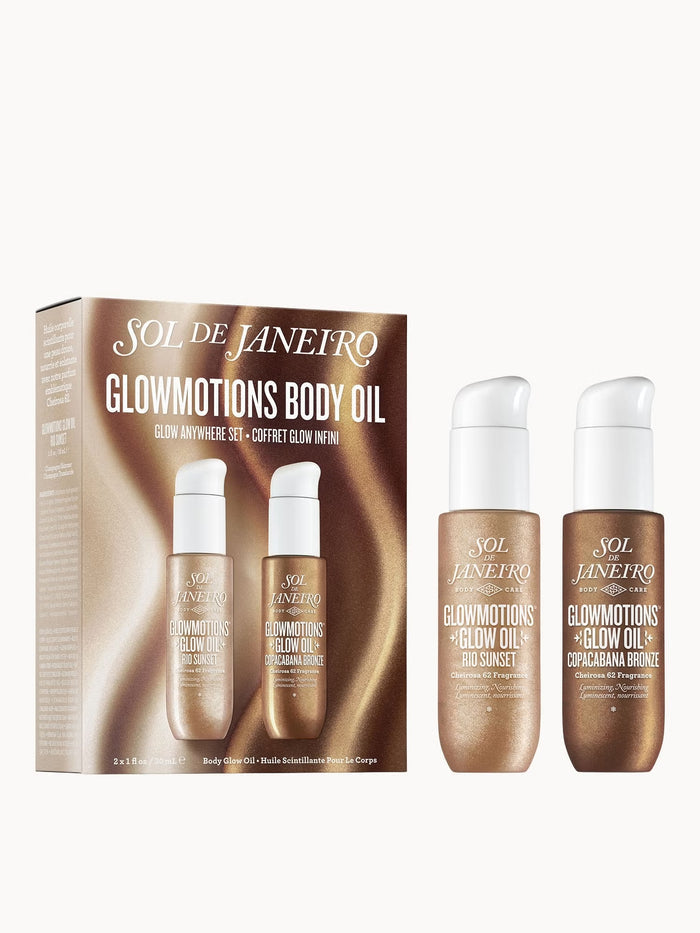 Sol de Janeiro Glowmotion Duo Set featuring two bottles of shimmering body oil with tropical-inspired packaging.