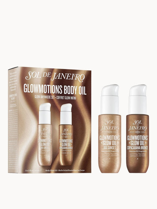 Sol de Janeiro Glowmotion Duo Set featuring two bottles of shimmering body oil with tropical-inspired packaging.