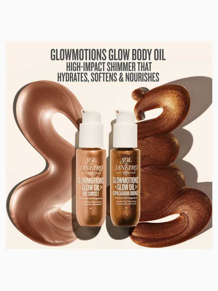 Sol de Janeiro Glowmotion Duo Body Oil set with shimmering and hydrating body oils in sleek bottles.