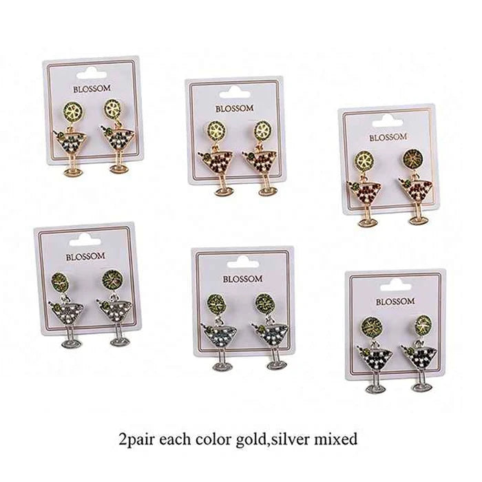 Sparkling Cocktail Glass Earrings Set – 6 Pairs Gold & Silver Martini Dangle Jewelry (IER-6177)
