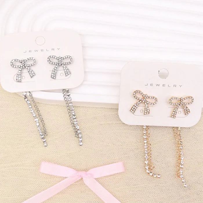 Sparkling Rhinestone Bow Dangle Earrings – Long Tassel Drop Earrings (AER1895)