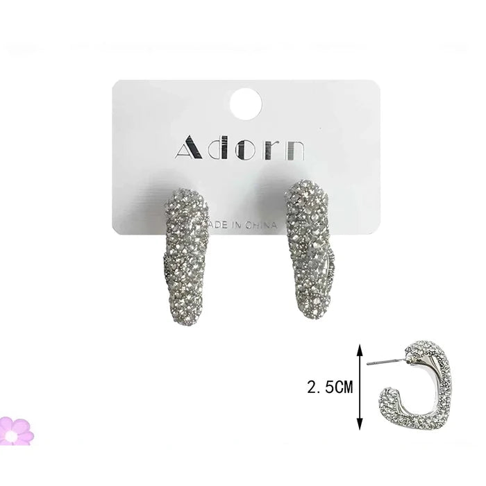 Sparkling Rhinestone Pave Chunky C-Shape Hoop Earrings | Silver Statement Huggies (2.5 cm) (LER43C)