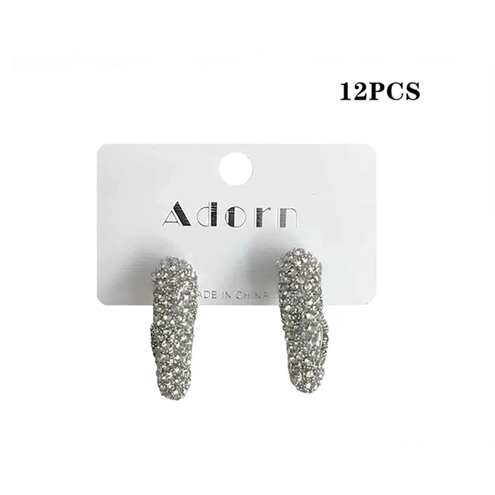 Sparkling Rhinestone Pave Chunky C-Shape Hoop Earrings | Silver Statement Huggies (2.5 cm) (LER43C)