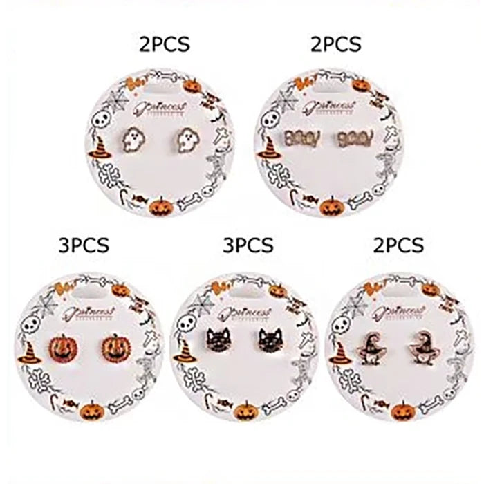 Spooky Halloween Stud Earrings Set – Rhinestone Pumpkin, Ghost, Bat & Witch Hat Jewelry Collection (1.5cm) (HWE-1082)