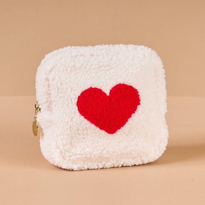 Square Teddy Pouch-Cream with Red Heart
