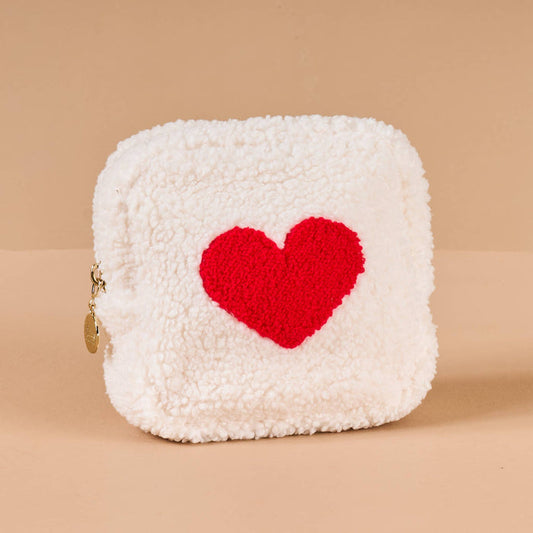 Square Teddy Pouch-Cream with Red Heart