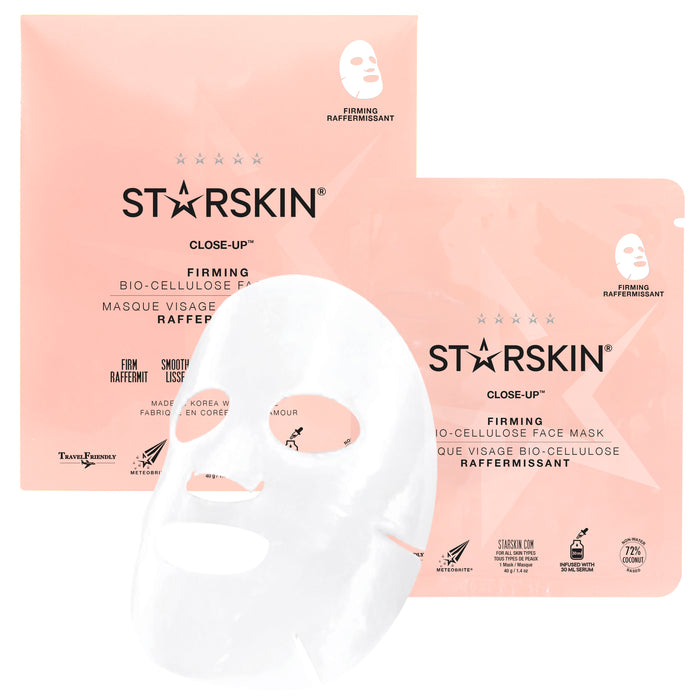 Close-up of STARSKIN Close-Up Coconut Bio-Cellulose Second Skin Firming Face Mask on a model's face, showcasing its skin-tightening texture.