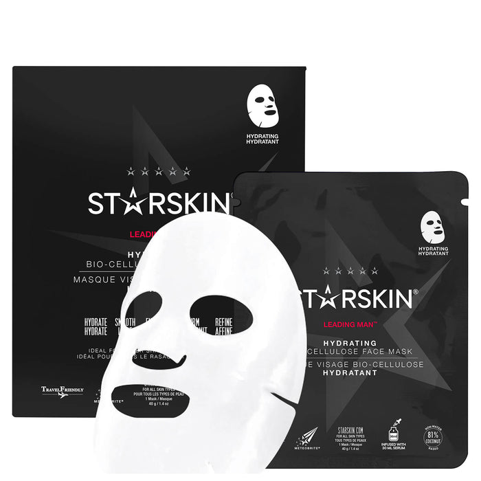 STARSKIN Leading Man Hydrating Coconut Bio-Cellulose Face Mask, 40g, skincare mask for deep moisture and skin refreshment.