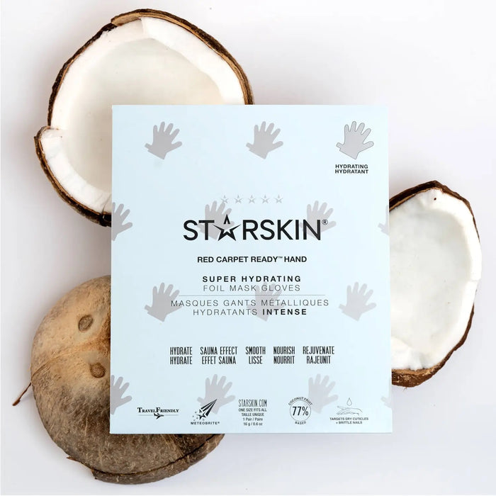 STARSKIN Red Carpet Ready Hand Hydrating Foil Mask Gloves for skin care, showing shiny, moisturizing gloves designed for hand treatment.