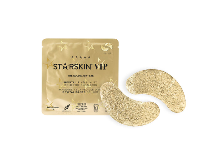 STARSKIN VIP THE GOLD MASK™ eye mask showing gold foil design, revitalizing skincare mask for under-eye rejuvenation.