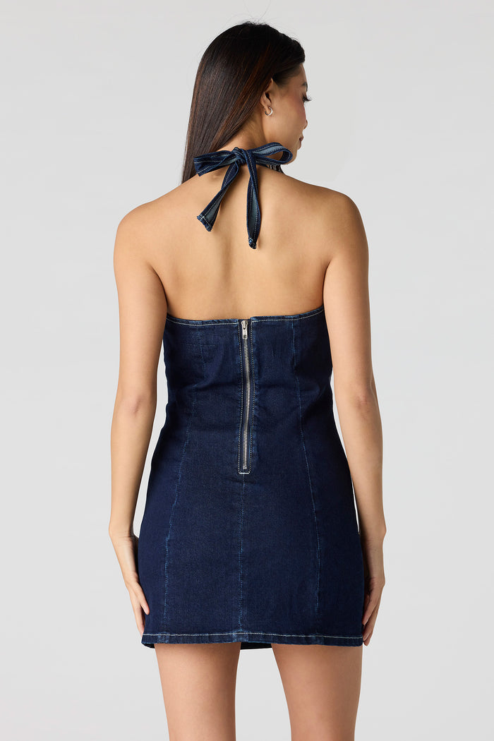 Stretch Denim Halter Mini Dress