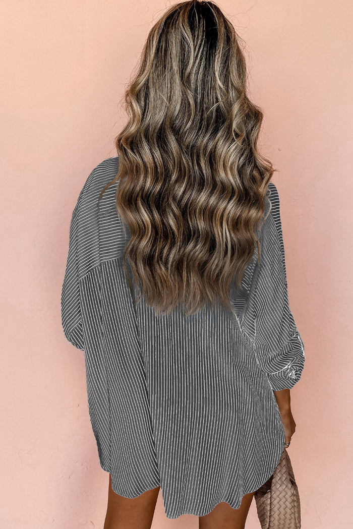 Stripe Roll-tab Sleeve Pocketed Long Shirt