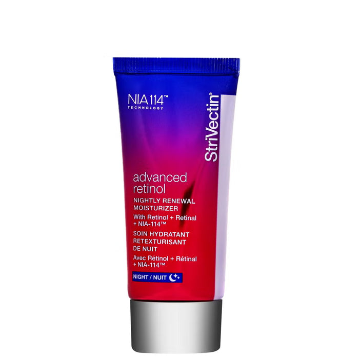 StriVectin Advanced Retinol Nightly Renewal Moisturizer 30ml in a sleek jar, designed for skin care and nighttime skin renewal.