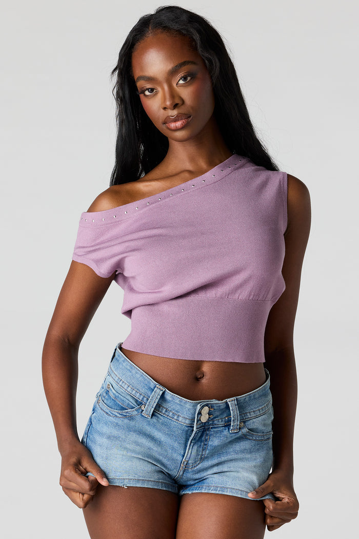Studded Off-Shoulder Sweater Top
