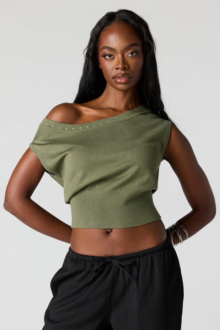 Studded Off-Shoulder Sweater Top