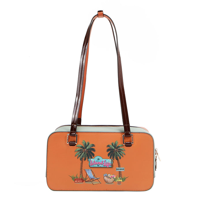 Our Sun and Sand Shoulder bag with beach-themed design set on a white background