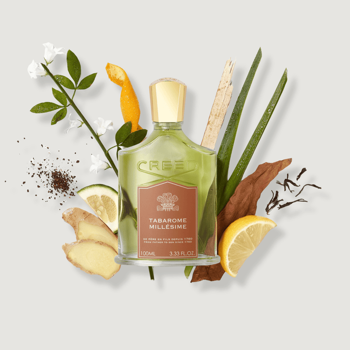 Tabarome Millésime 100ml with Woody Fragrance Ingredients - Flat Lay | Creed Fragrances