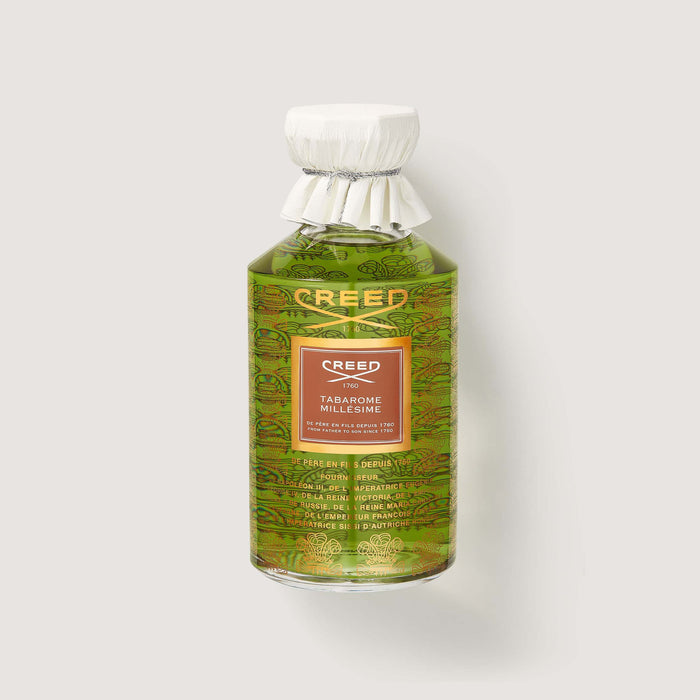 Creed Tabarome Millésime 500ml Heritage Flacon Gold Detail White Leather Cap - Front View | Creed Fragrances