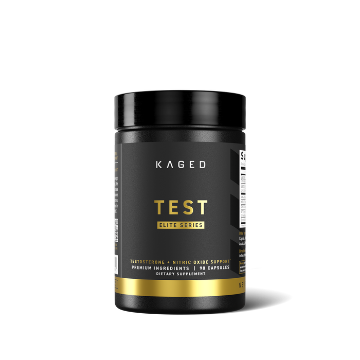 Front view of Test Elite supplement jar showing TEST ELITE SERIES label and testosterone support on black bottle with gold band