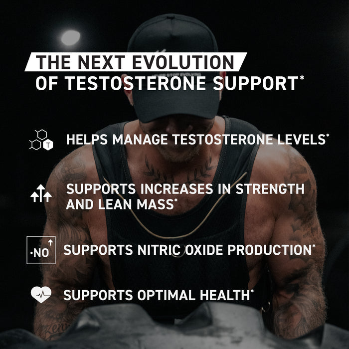 Text overlay showing The Next Evolution of Testosterone Support plus benefit claims for testosterone, strength, nitric oxide, health
