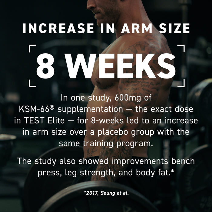 Promotional banner showing headline 'INCREASE IN ARM SIZE' and large '8 WEEKS' over a shirtless tattooed man in a gym