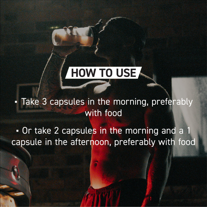 How to use Test Elite showing two dosing options 3 capsules in morning with food or 2 morning and 1 afternoon with food