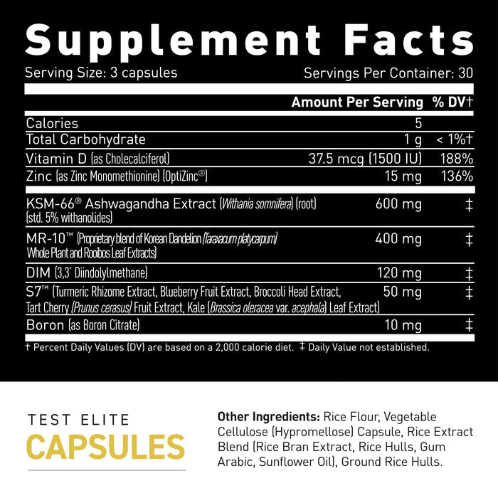Supplement Facts label showing TEST Elite serving size 3 capsules and key ingredients with amounts: Vitamin D 37.5 mcg; Zinc 15 mg; KSM‑66 Ashwagandha 600 mg