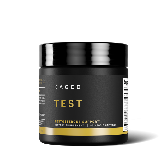 Front view of Ferodrox TEST supplement jar labeled Testosterone Support, 60 capsules, black and gold on white background