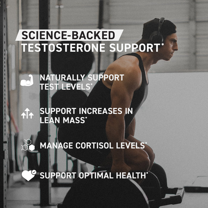 Infographic: ‘SCIENCE-BACKED TESTOSTERONE SUPPORT’ with benefits: test support, more lean mass, cortisol control, overall health