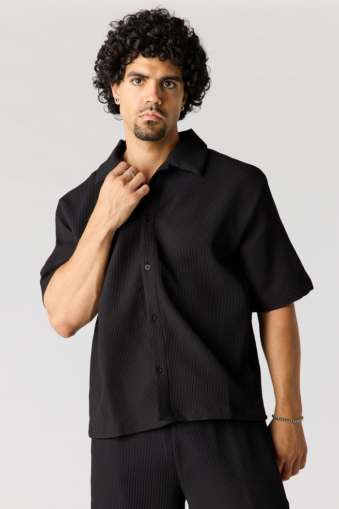 Textured Button-Up Collared Boxy Top
